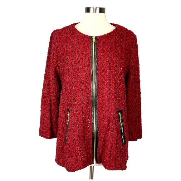 Peck Peck Womens Tweed Zip Jacket Red Black Faux Leather Trim Pockets size Large - Picture 1 of 14